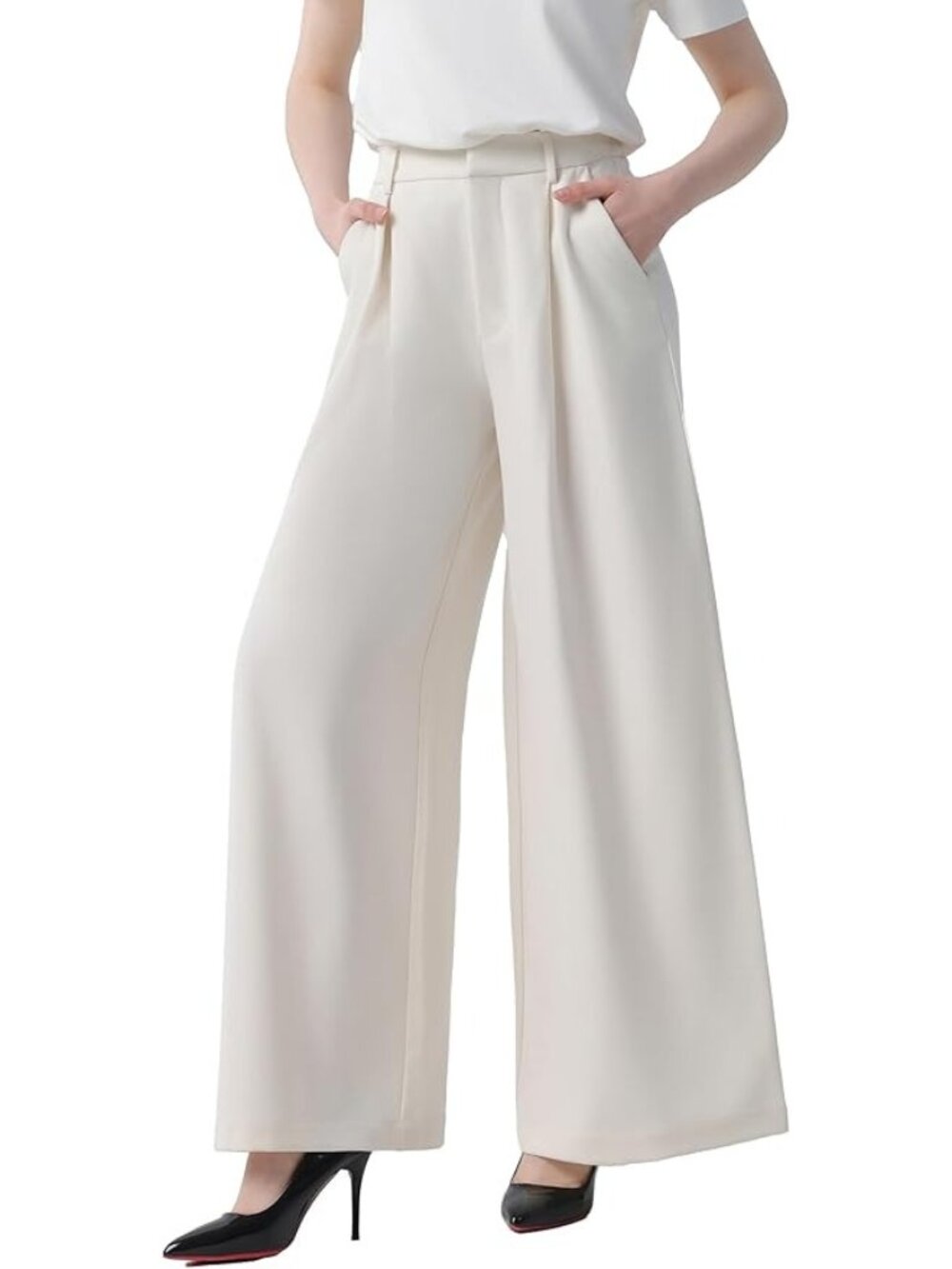 Tronjori Womens High Waist Casual Wide Leg Palazzo Business Pants Beige L NWT